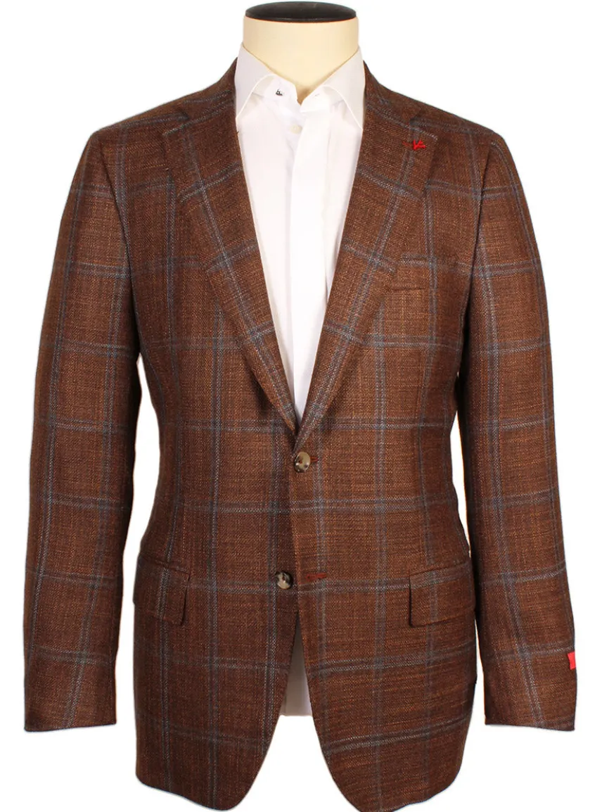 Isaia Sanita Flap Pocket Sport Jacket in Rust Plaid