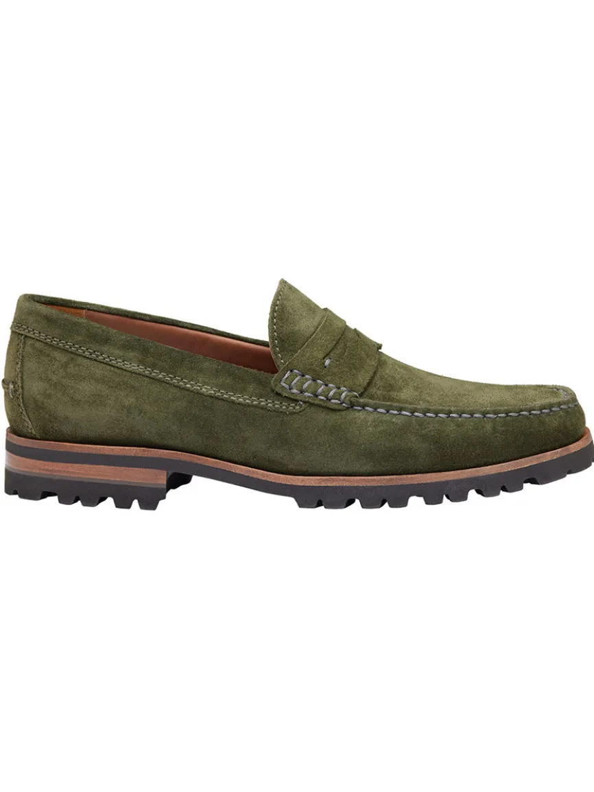 J & M Collection Baldwin Lug Penny in Olive English Suede