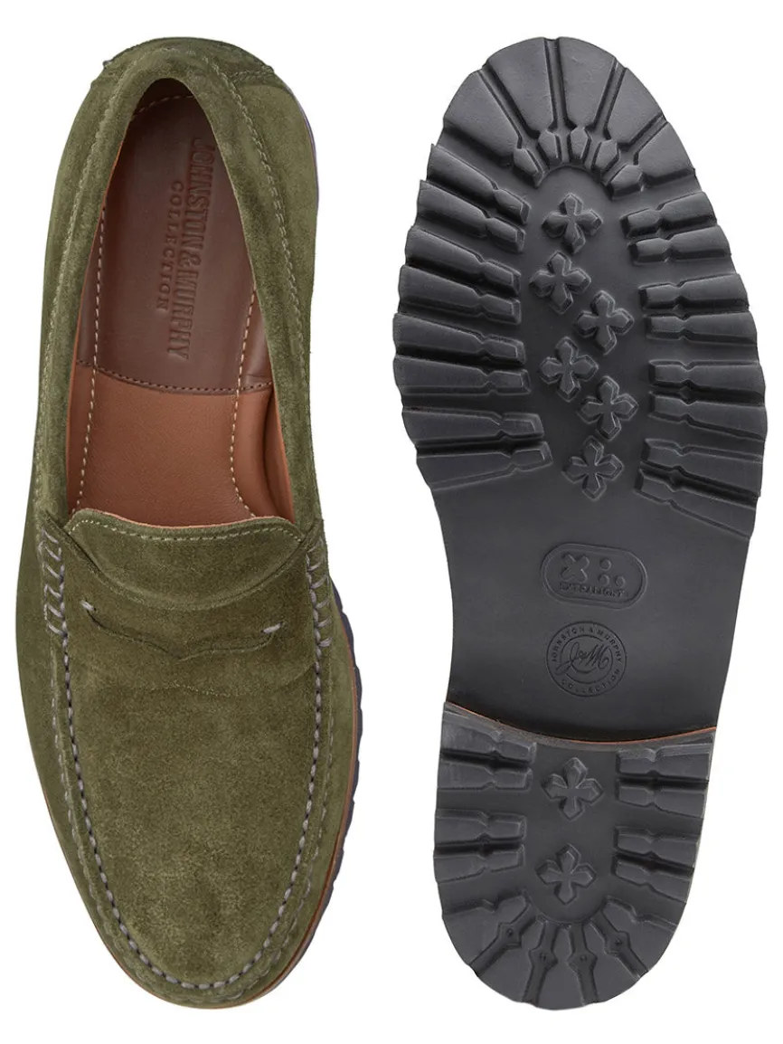 J & M Collection Baldwin Lug Penny in Olive English Suede