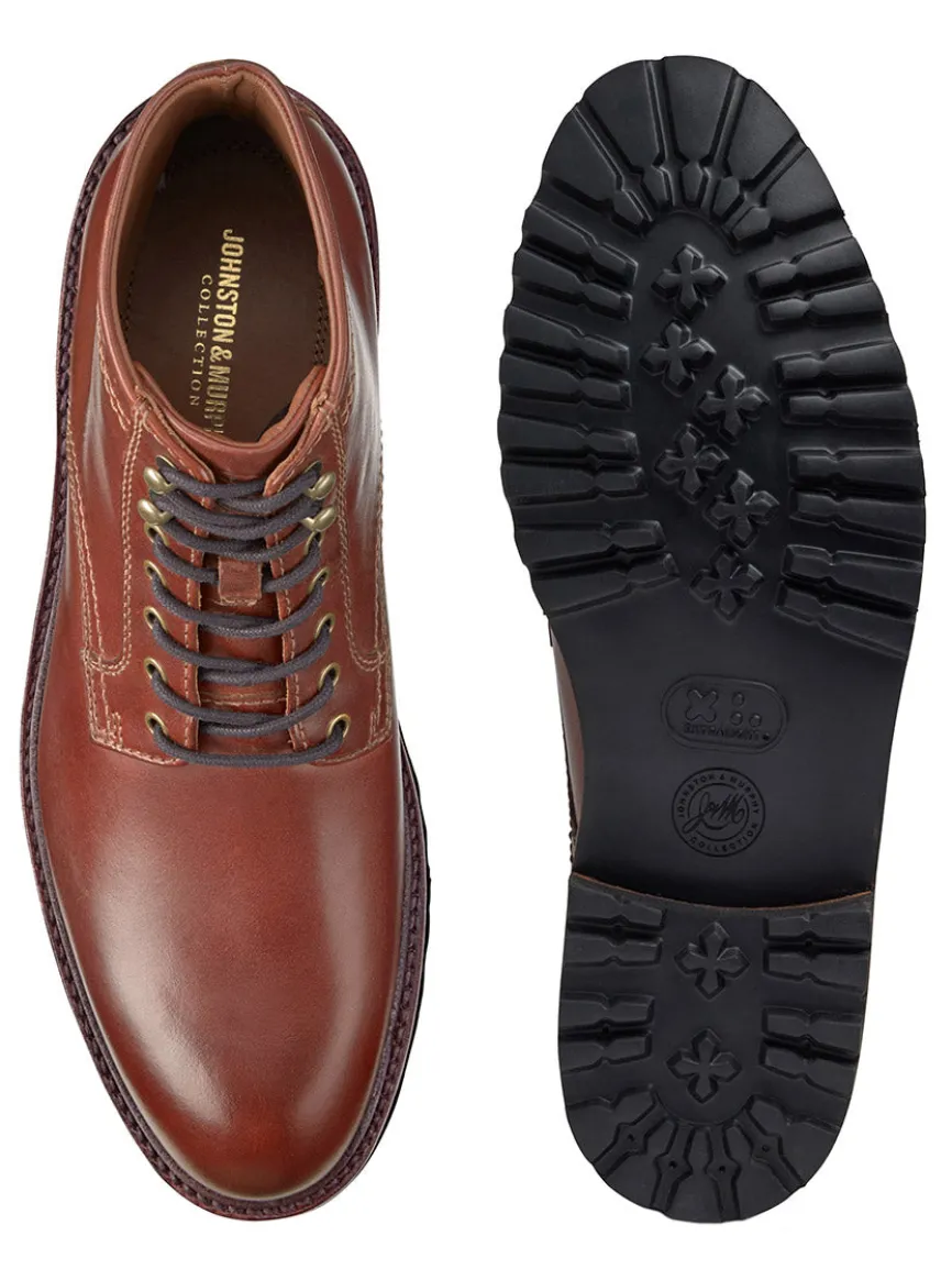 J & M Collection Dudley Lug Plain Toe Boot in Mahogany Full Grain