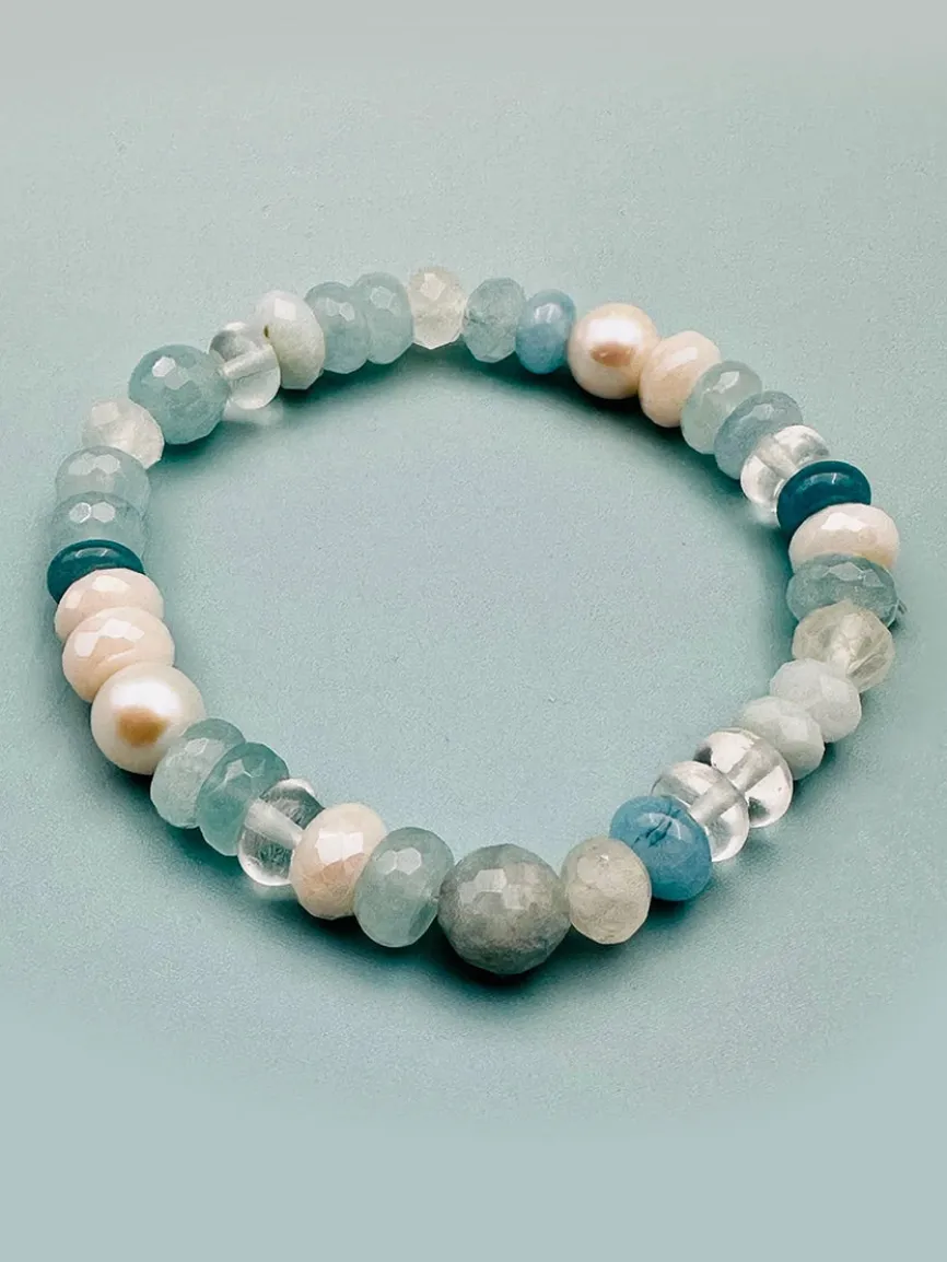 JMNYC Designs Aquamarine, Moonstone, Freshwater Pearl, & Crystal Quartz Stretch Bracelet