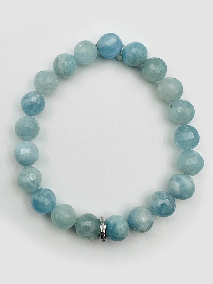 JMNYC Designs Faceted 8mm Aquamarine Ball Stretch Bracelet With Bright Sterling Silver Diamond Rondelle