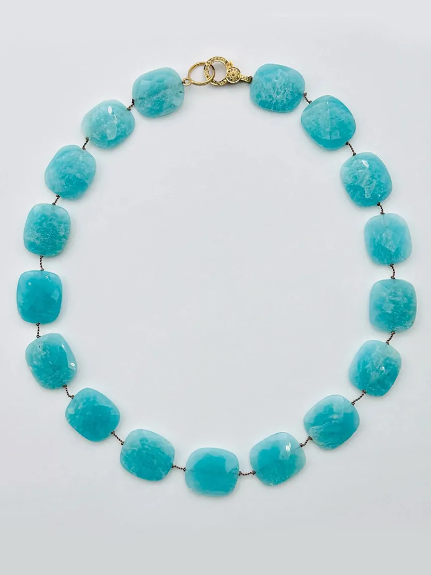 JMNYC Designs Flat Faceted Amazonite Necklace With 18k Vermeil Diamond Clasp 18"