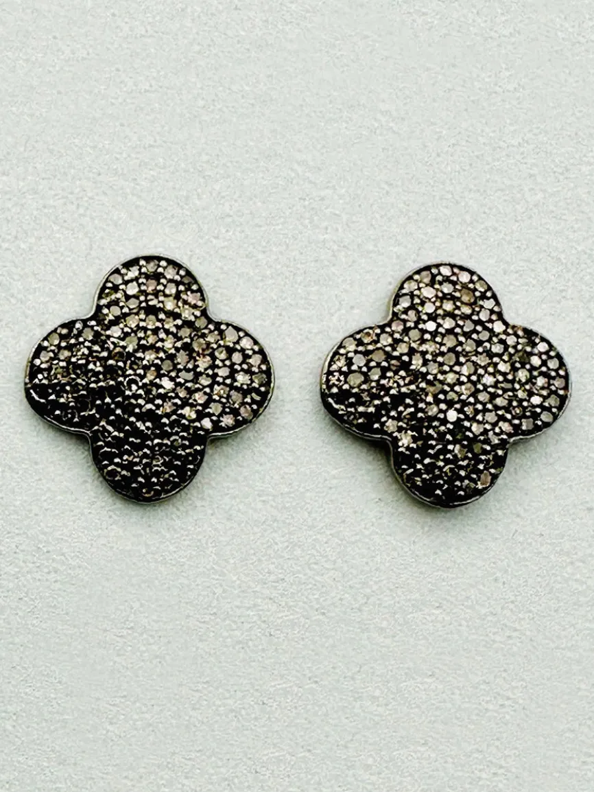JMNYC Designs Pave Diamond Clover Post Earring With Rhodium Sterling Silver .5"