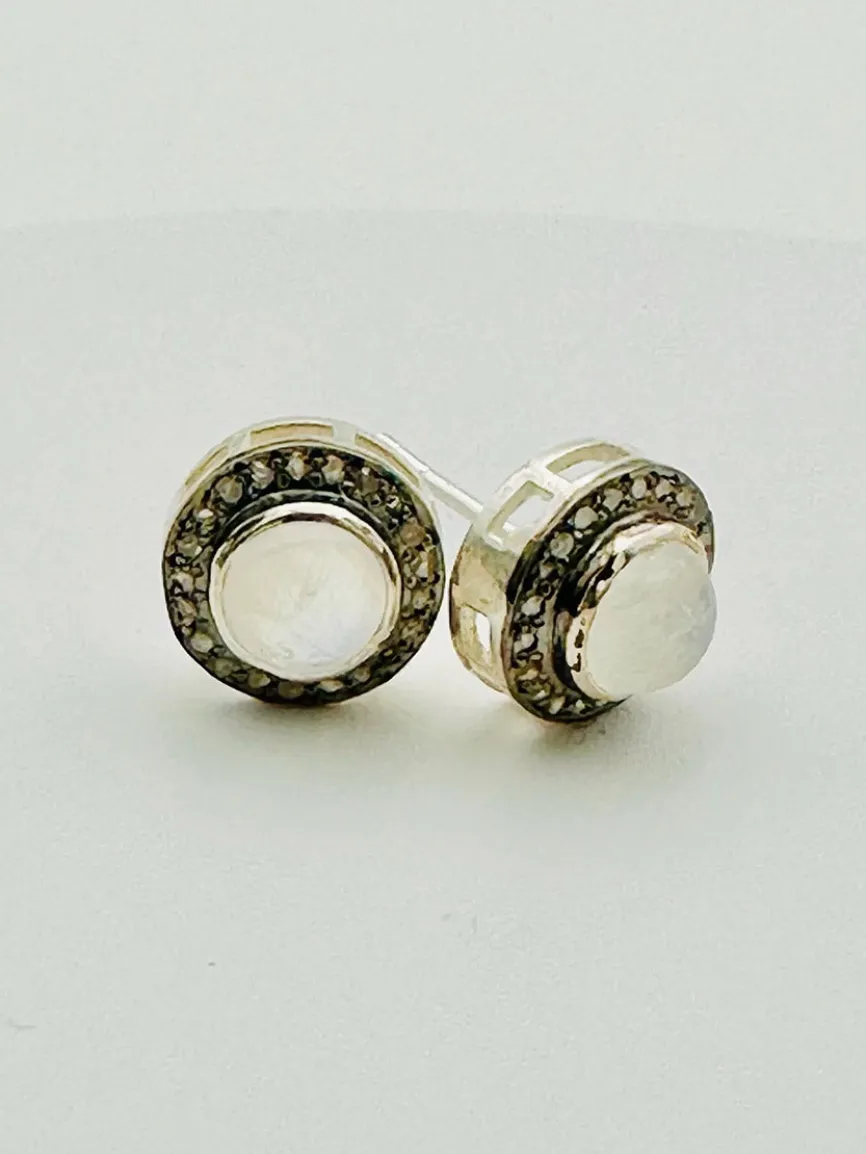 JMNYC Designs Rainbow Moonstone & Diamond Stud Earring With Polished Sterling Silver