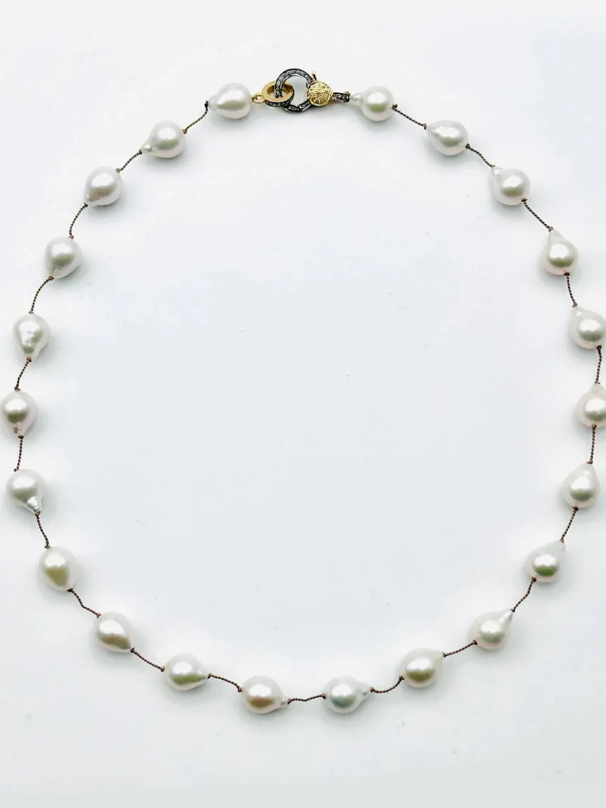 JMNYC Designs Small White Baroque Pearl Necklace With Two Tone Vermeil & Sterling Diamond Clasp 18"