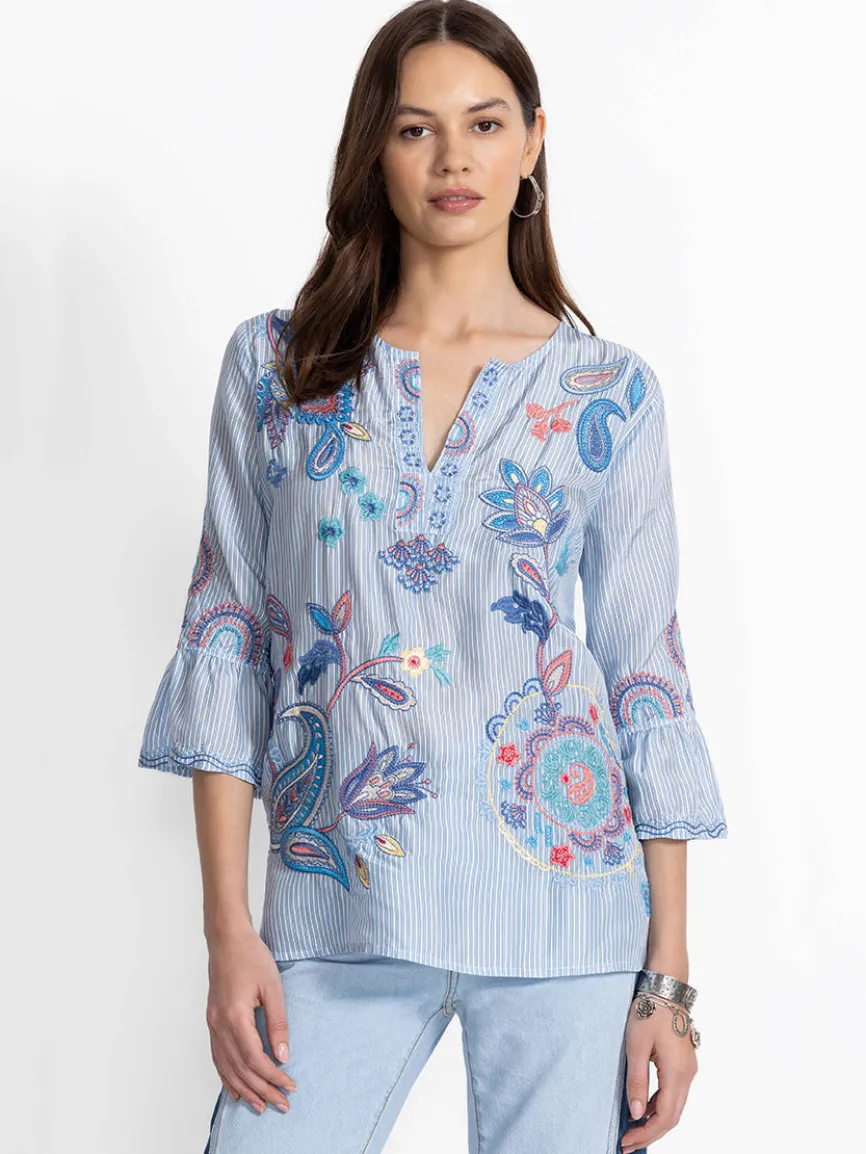 Johnny Was Ruffle Sleeve Blouse in Barine Stripe Bar