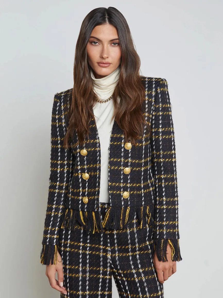 L'Agence Belmont Fringe Jacket in Black Yellow Multi Plaid