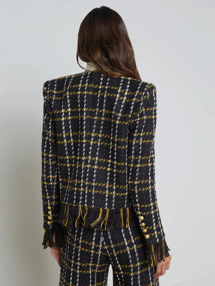 L'Agence Belmont Fringe Jacket in Black Yellow Multi Plaid