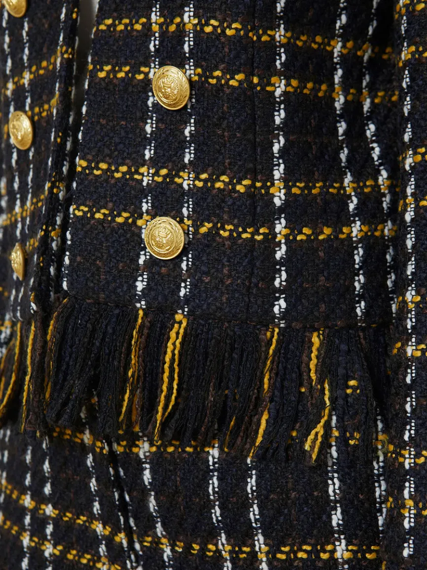 L'Agence Belmont Fringe Jacket in Black Yellow Multi Plaid