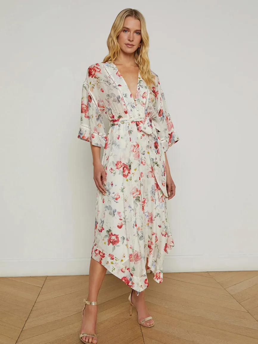 L'Agence Miki Silk Dress in Ivory Multi Watercolor Dusty Floral