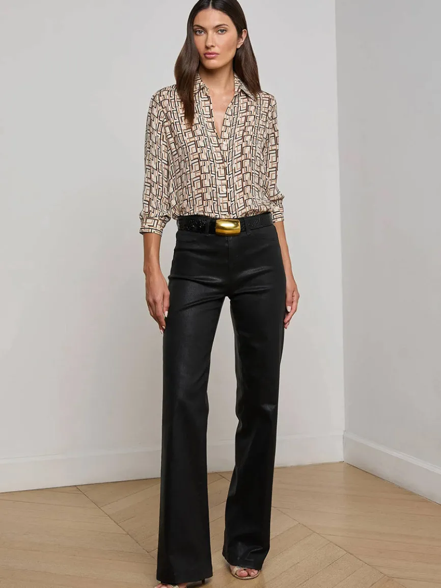 L'Agence Nina Silk Blouse in Ecru Multi Geo Print