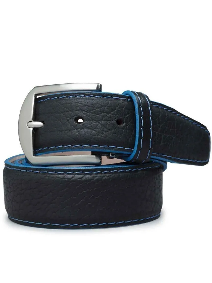 LEN Belts American Bison Belt in Black with Denim Blue Edge & Stitching