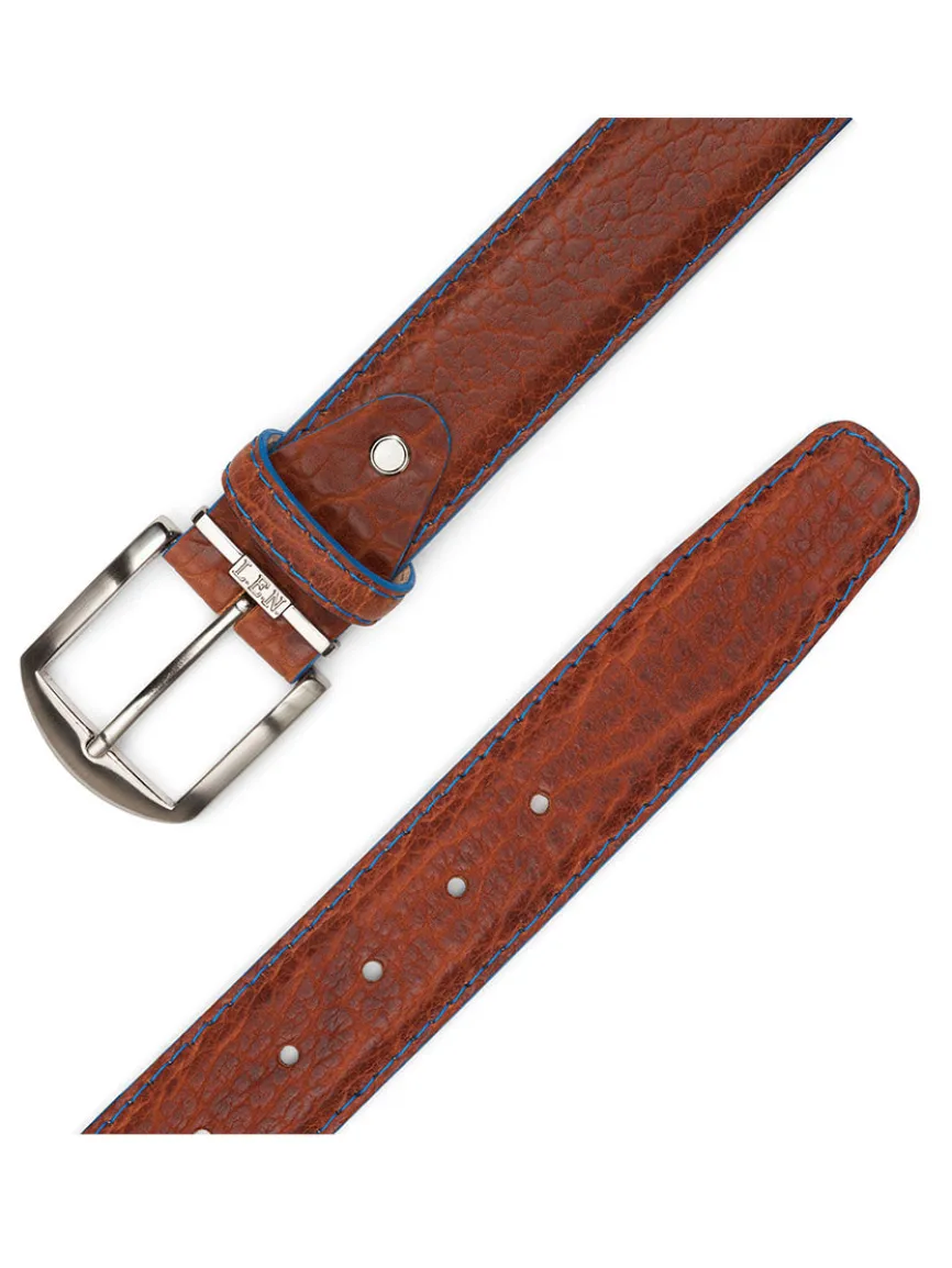 LEN Belts American Bison Belt in Cognac with Denim Edge & Stitching