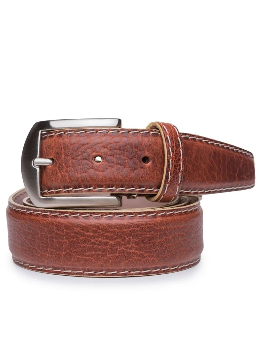 LEN Belts American Bison Belt in Cognac with Beige Edge & Stitching