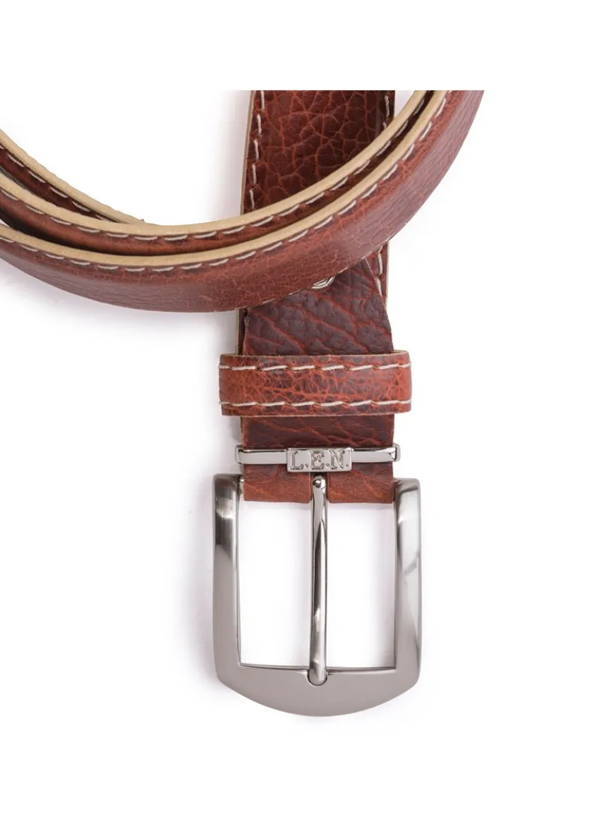 LEN Belts American Bison Belt in Cognac with Beige Edge & Stitching