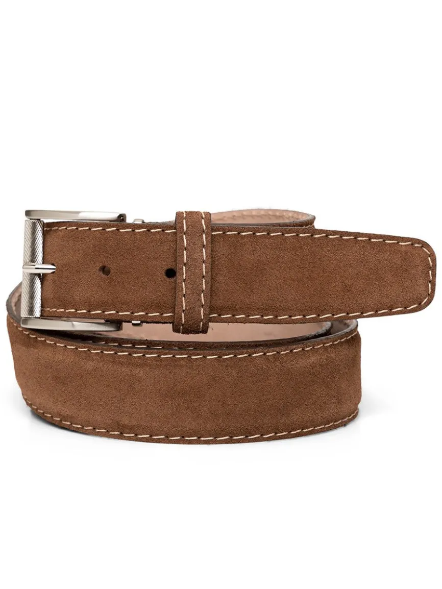 LEN Belts Italian Suede in Chestnut with Veg Beige Stitch