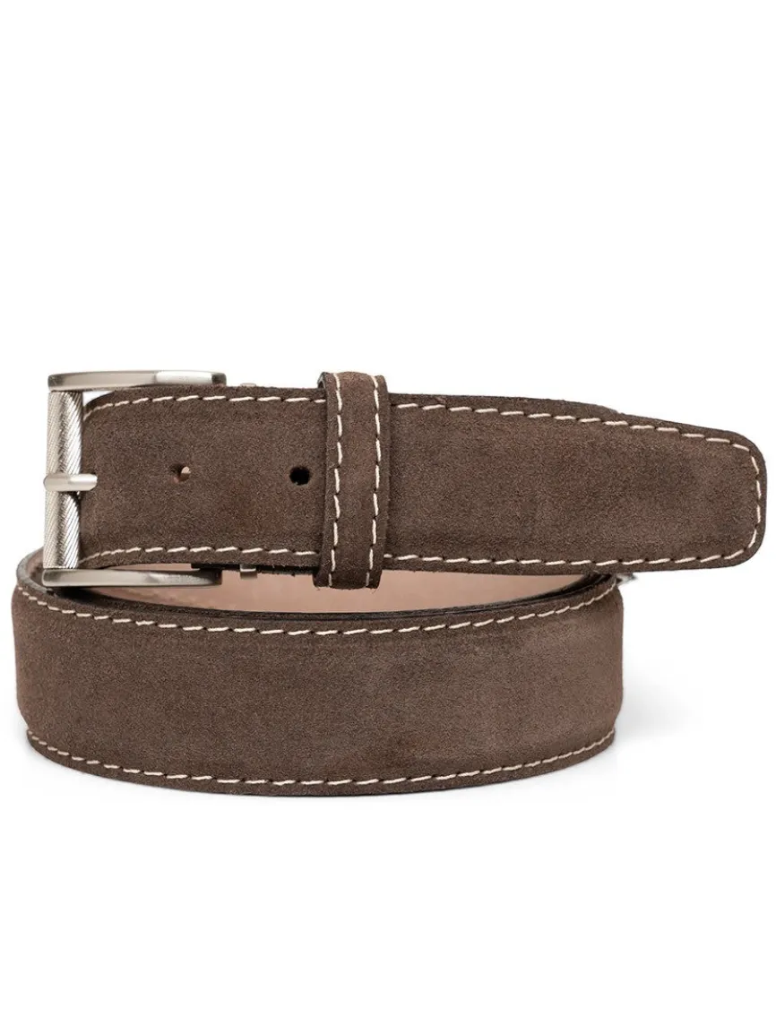 LEN Belts Italian Suede in Chocolate with Beige Stitch
