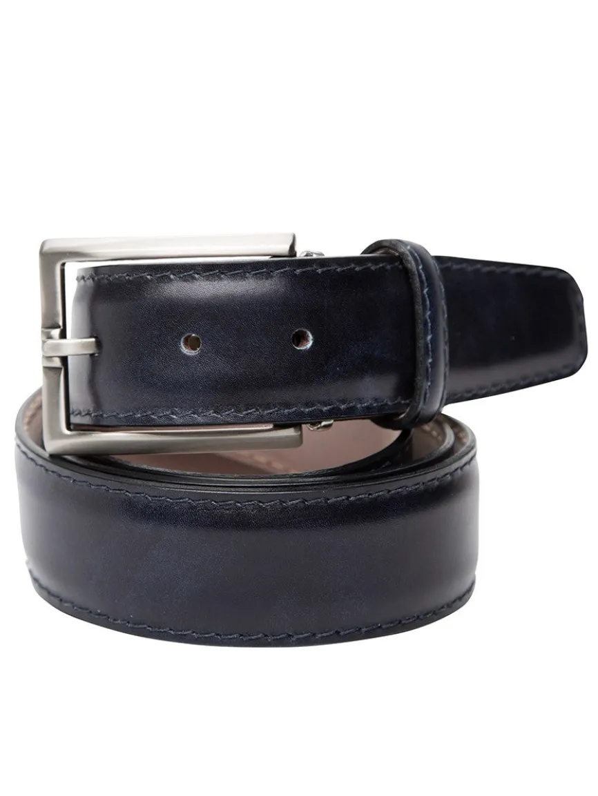 LEN Belts Italian Marbled Calf Belt in Navy with Tonal Stitch