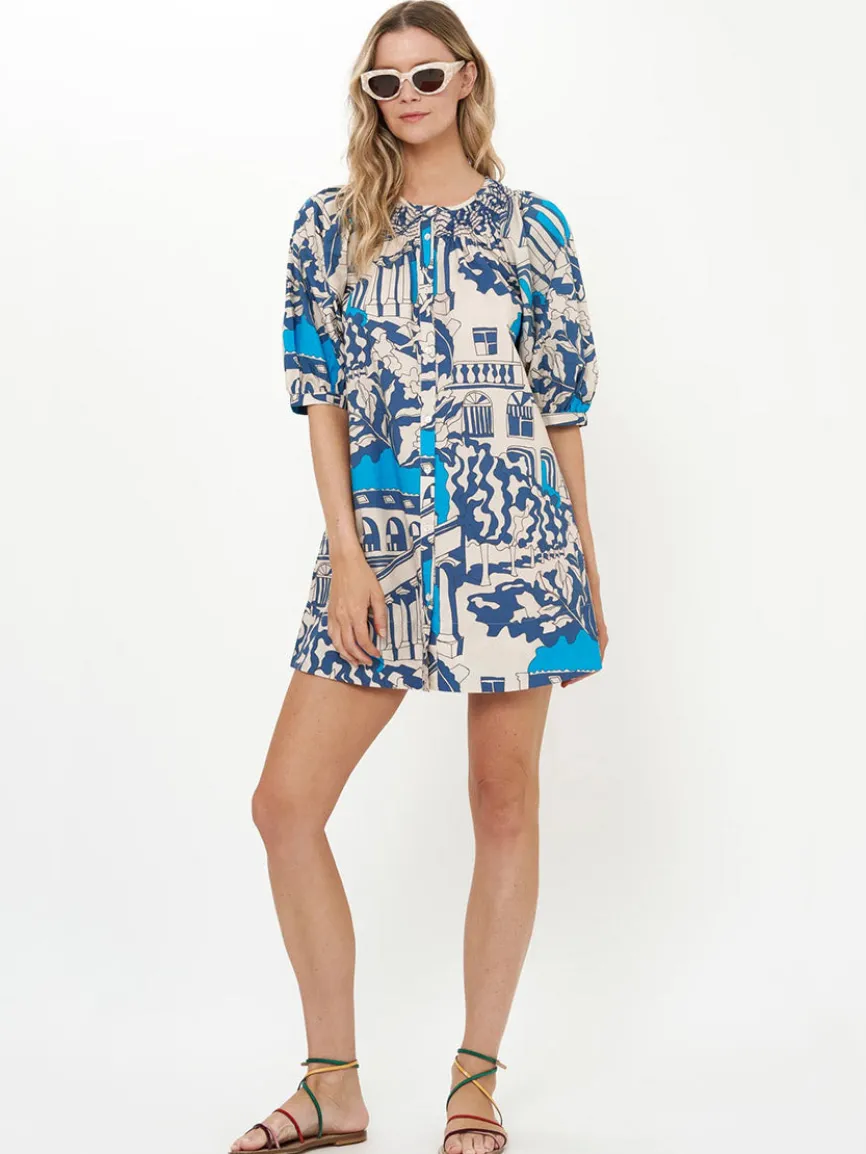 Oliphant Embroidered Button Mini Dress in Roma Blue
