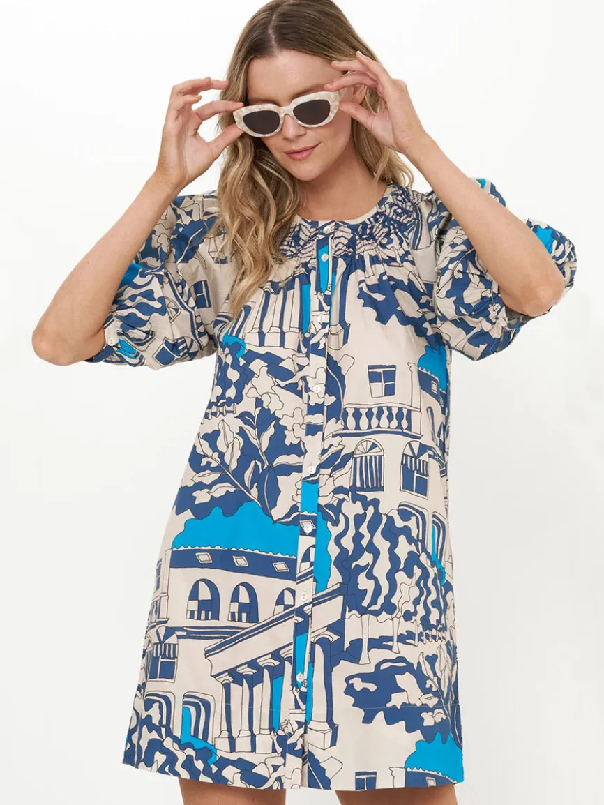 Oliphant Embroidered Button Mini Dress in Roma Blue