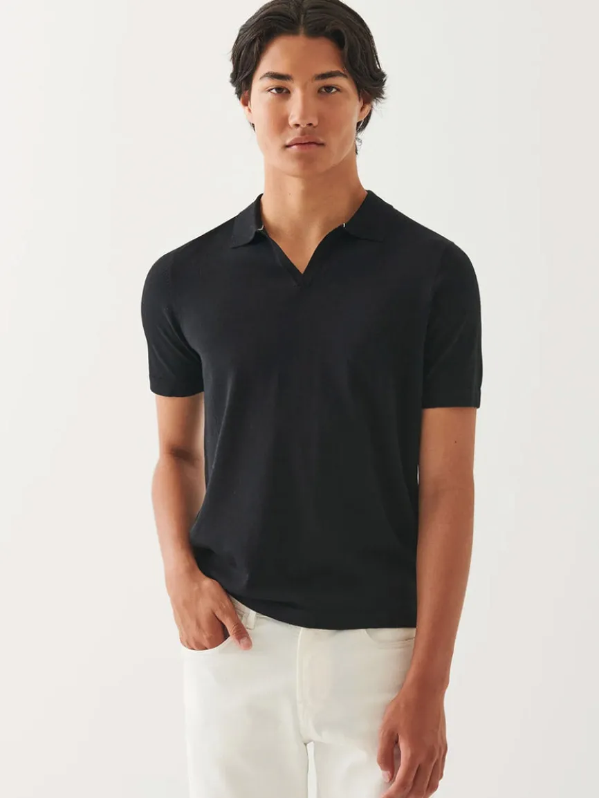 Patrick Assaraf Cotton Cupro Open Polo in Black