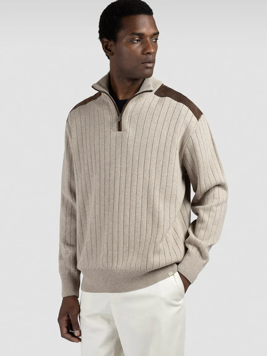 Paul & Shark Quarter Zip Sweater With Suede Details in Natural