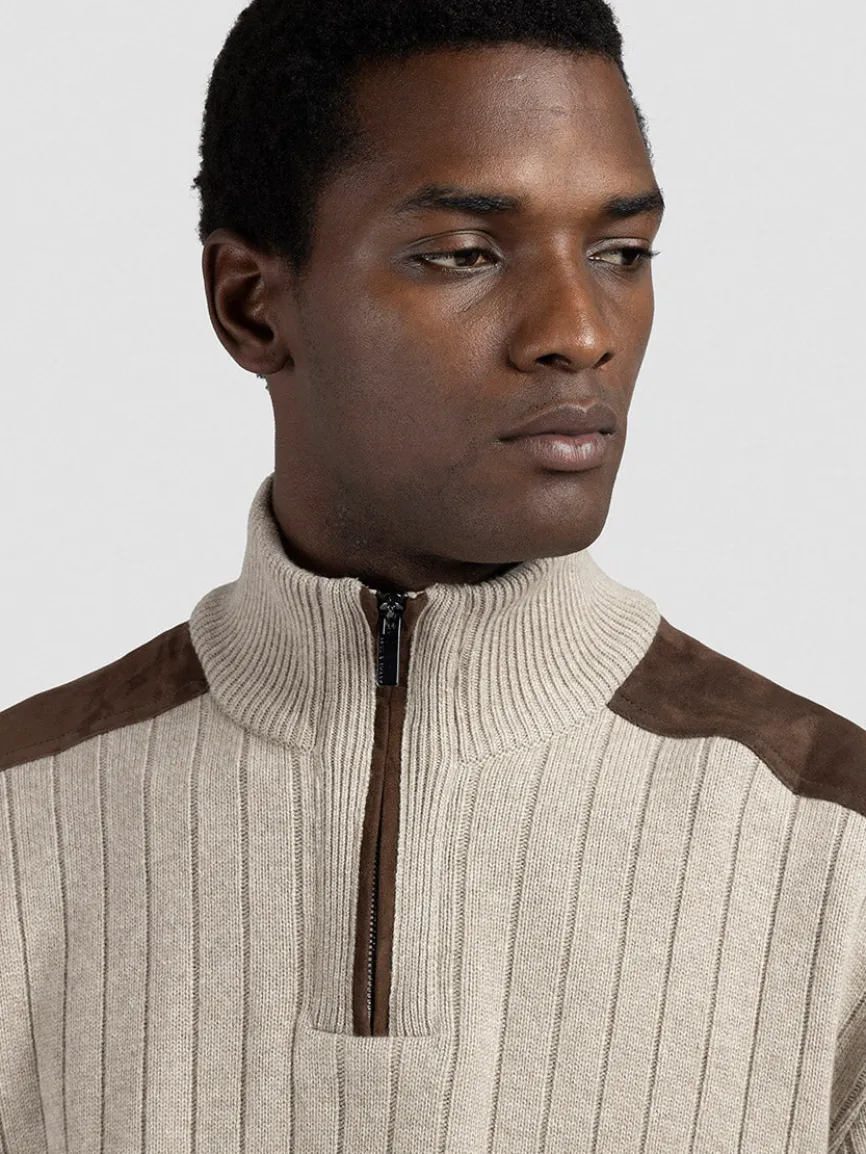 Paul & Shark Quarter Zip Sweater With Suede Details in Natural
