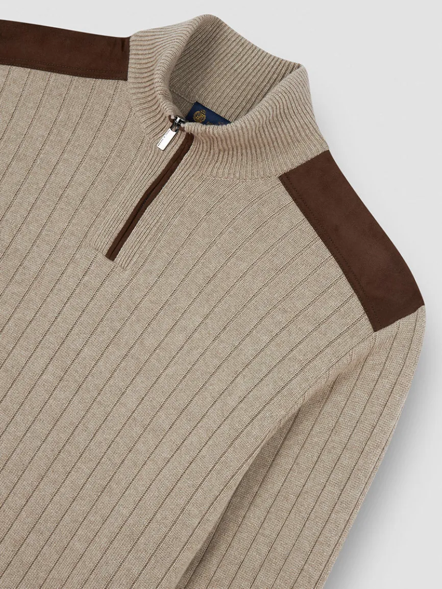 Paul & Shark Quarter Zip Sweater With Suede Details in Natural