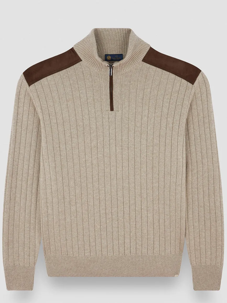 Paul & Shark Quarter Zip Sweater With Suede Details in Natural