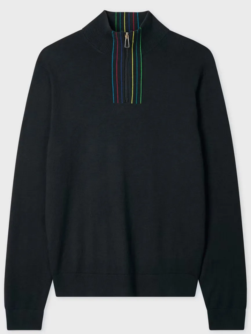 Paul Smith Merino Wool Sports Stripe Half Zip in Black
