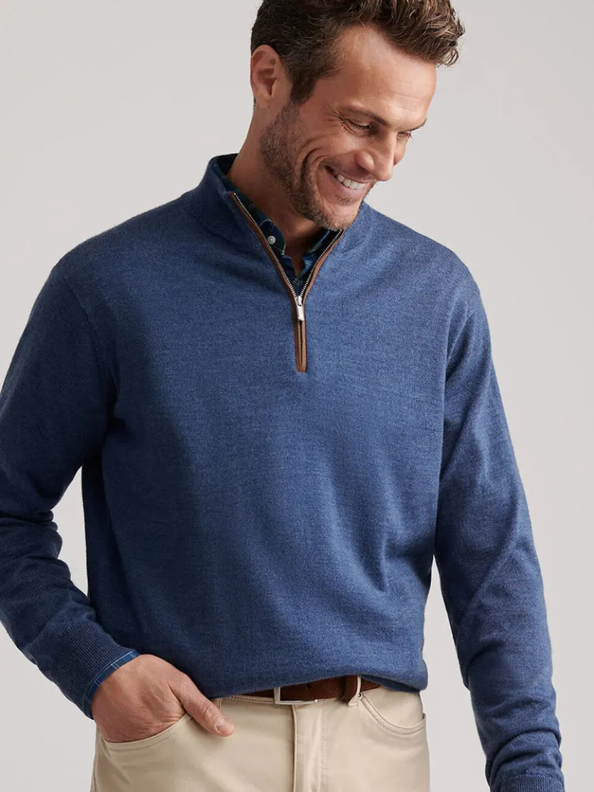 Peter Millar Autumn Crest Suede Trim Quarter-Zip in Blue Haze