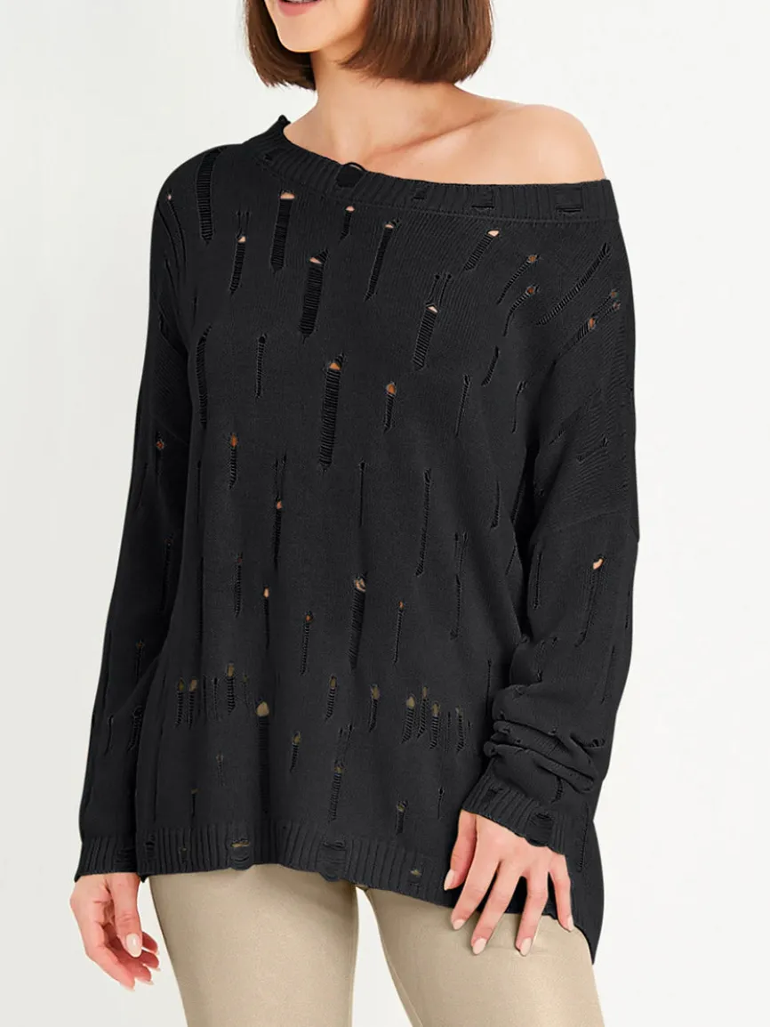 Planet by Lauren G Undone Boatneck Sweater in Black