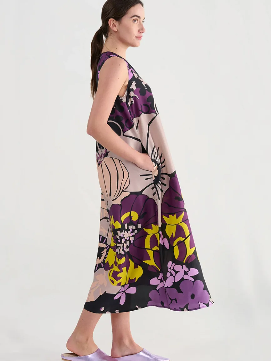 Psophía Short Silk Habotai Dress with Japanese Print in Black