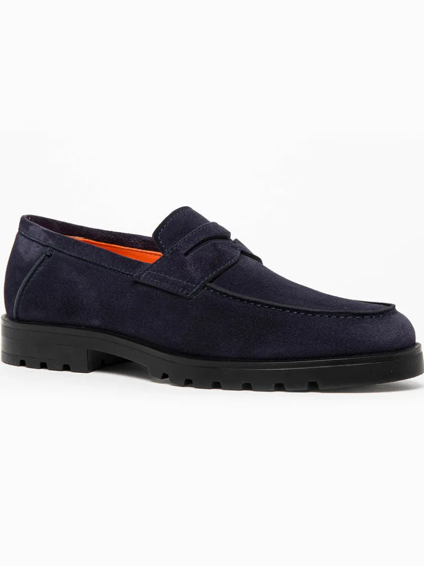 Santoni Rock Suede Lug Sole Penny Loafers in Navy