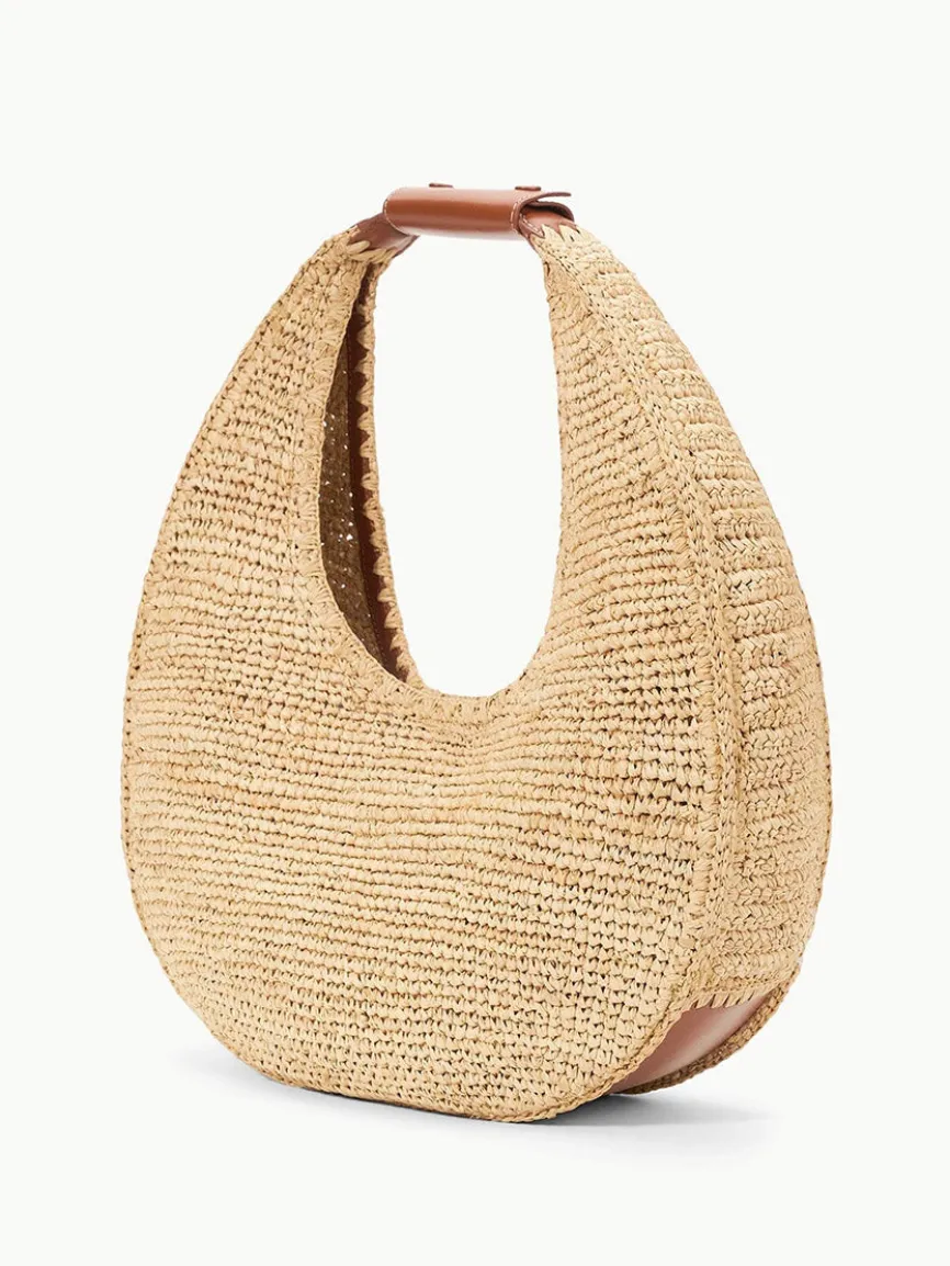 STAUD Large Raffia Moon Bag in Natural/Tan