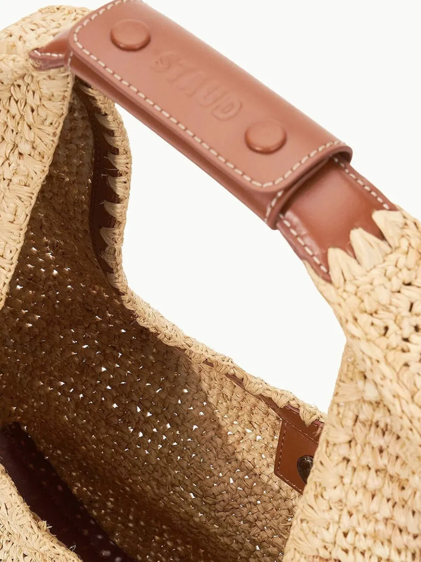 STAUD Large Raffia Moon Bag in Natural/Tan