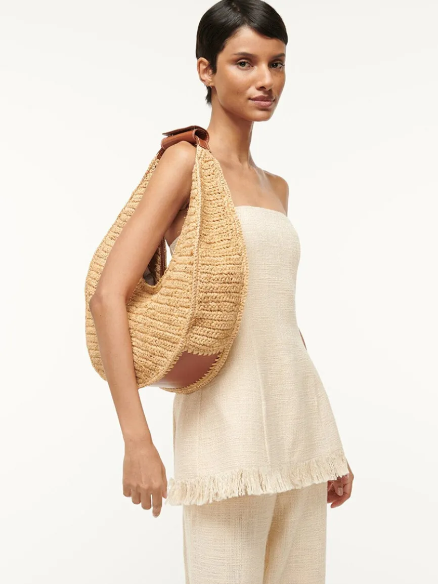 STAUD Large Raffia Moon Bag in Natural/Tan