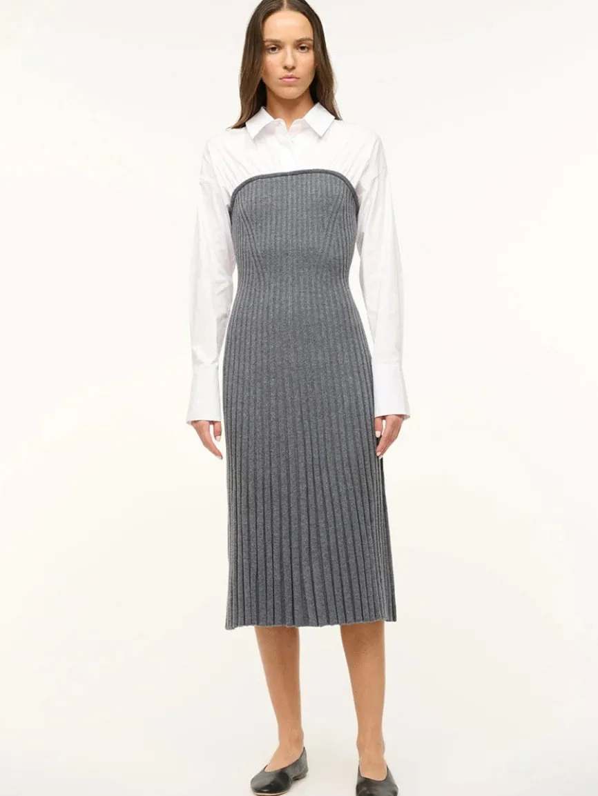 STAUD O'Keefe Pleated Dress in Charcoal/White