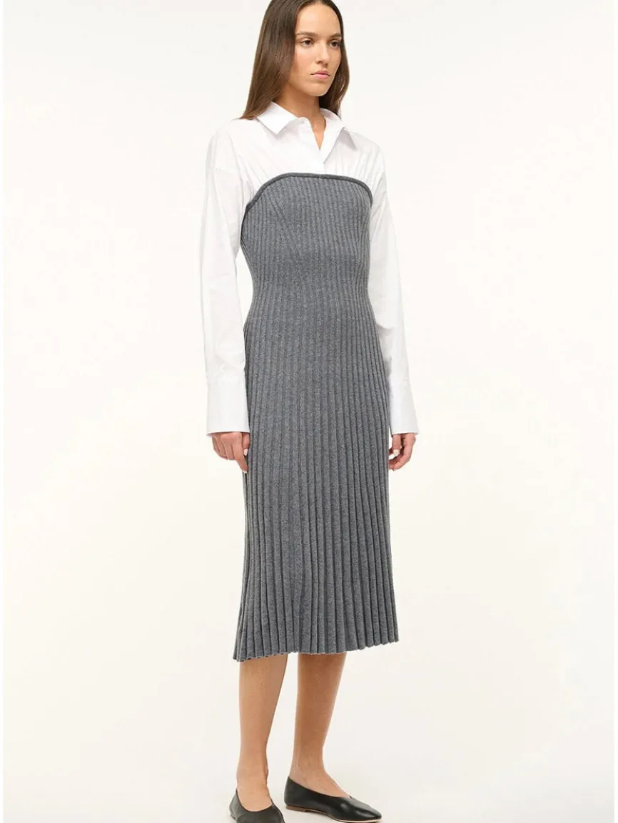 STAUD O'Keefe Pleated Dress in Charcoal/White