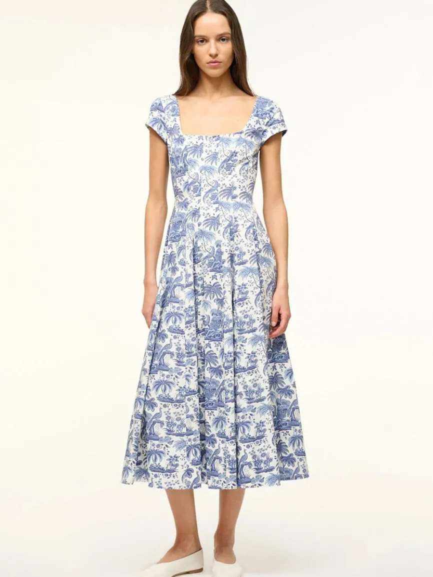 STAUD Wells Short Sleeve Dress in Blue Toile