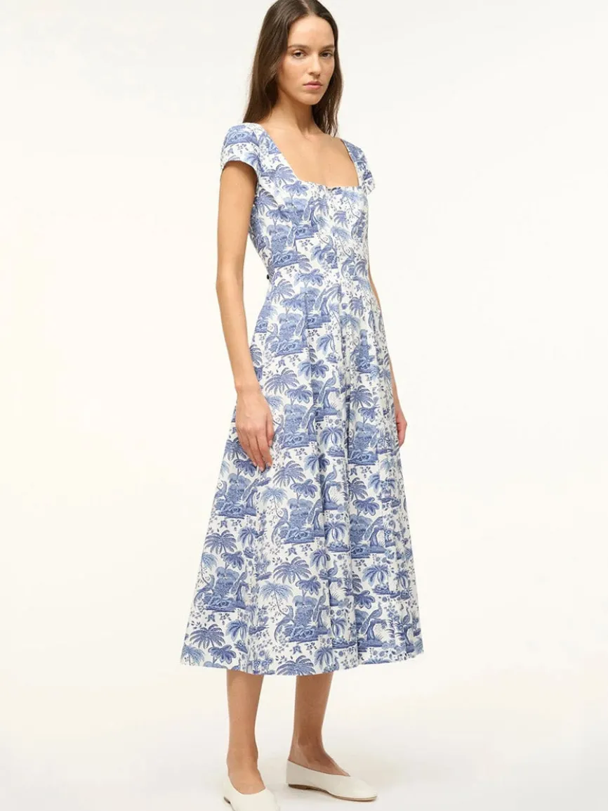 STAUD Wells Short Sleeve Dress in Blue Toile