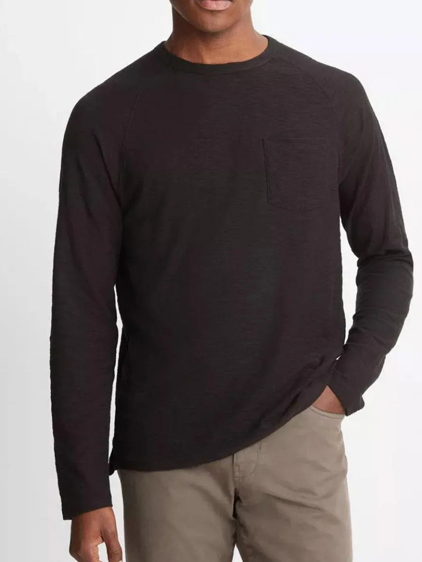 Vince Cotton Long Sleeve Pocket Crew T-Shirt in Black