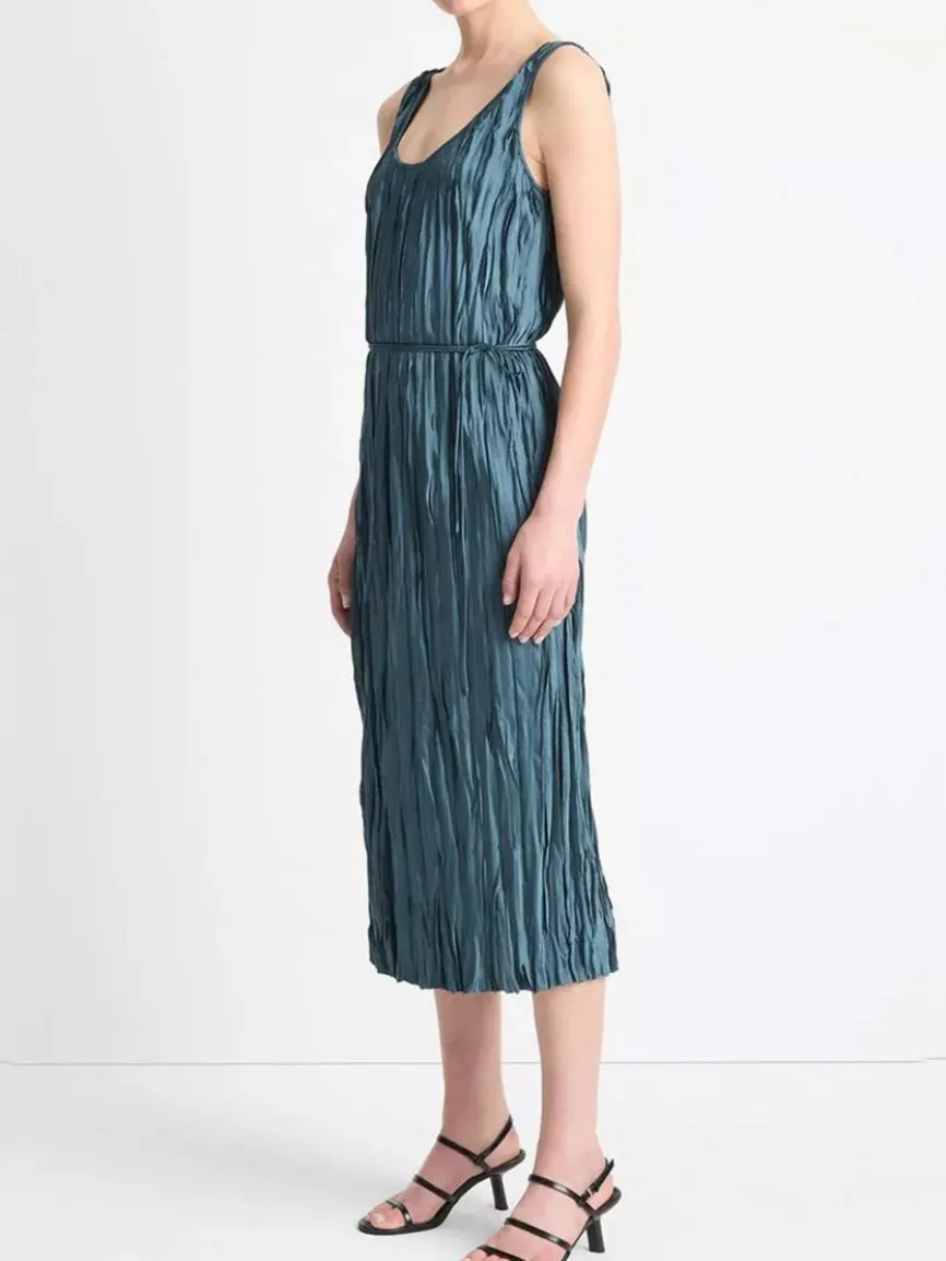 Vince Crushed Satin Bias Tank Dress in Marine Stone
