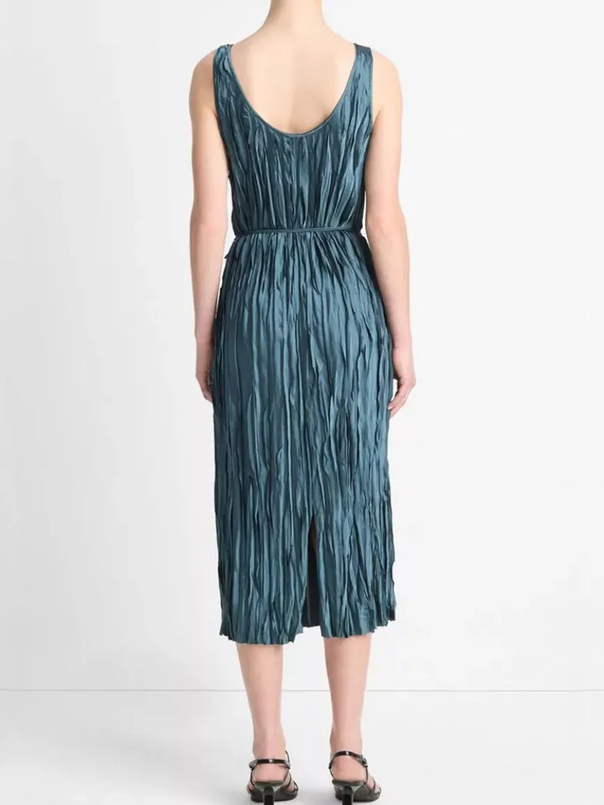 Vince Crushed Satin Bias Tank Dress in Marine Stone
