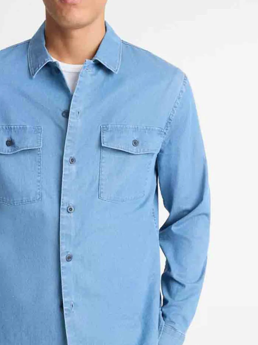 Vince Double Patch-Pocket Cotton Shirt in Washed Waterfall