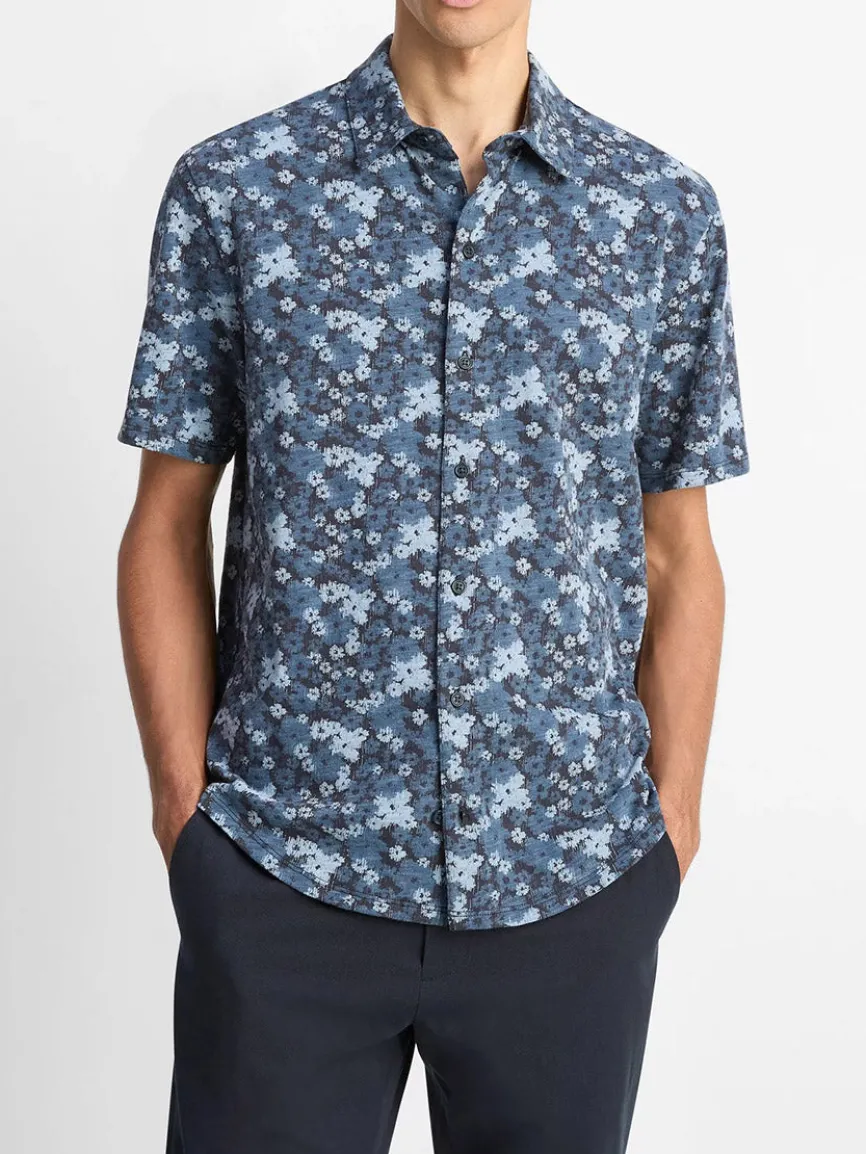 Vince Floral Slub Cotton Short-Sleeve Button-Front Shirt in Coastal Blue