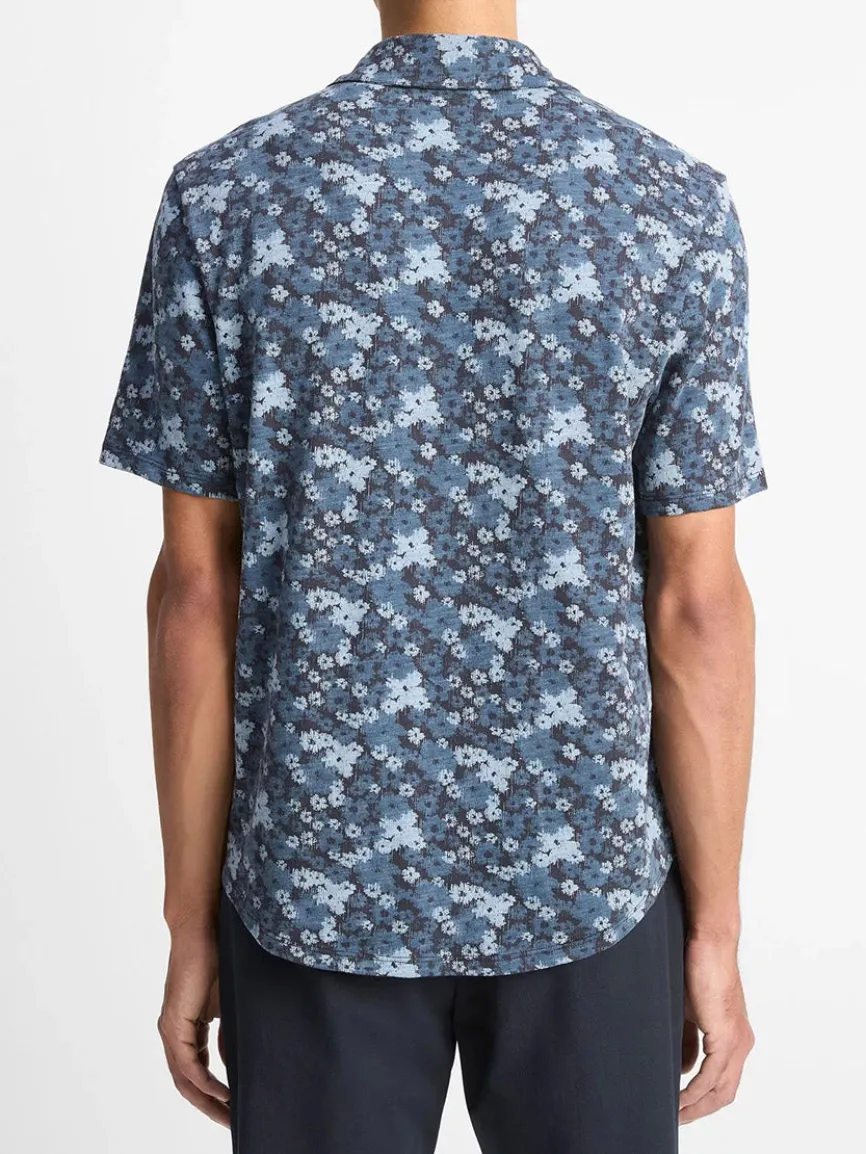Vince Floral Slub Cotton Short-Sleeve Button-Front Shirt in Coastal Blue