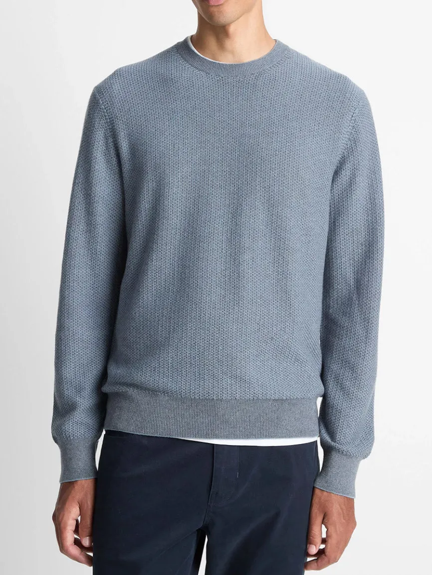 Vince Geo-Jacquard Wool-Blend Crew Neck Sweater in Parlor Blue/Medium Heather Grey