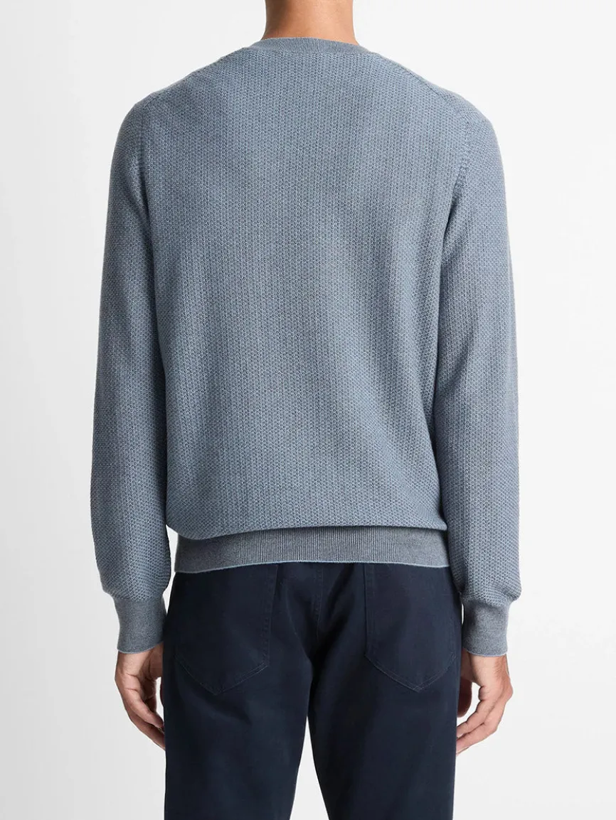 Vince Geo-Jacquard Wool-Blend Crew Neck Sweater in Parlor Blue/Medium Heather Grey